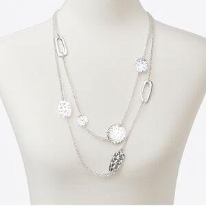 Women’s Silver Hammered Disc Hoop Necklace – Layered Textured Long Design 40"